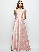 Front View Thumbnail - Bow And Blossom Print Strapless Floral Satin Gown with Full Skirt and Covered Buttons at Back