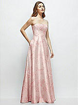 Side View Thumbnail - Bow And Blossom Print Strapless Floral Satin Gown with Full Skirt and Covered Buttons at Back
