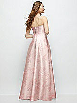Rear View Thumbnail - Bow And Blossom Print Strapless Floral Satin Gown with Full Skirt and Covered Buttons at Back