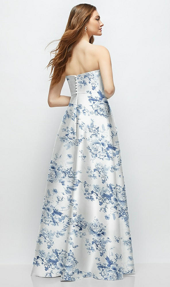 Back View - Cottage Rose Larkspur Strapless Floral Satin Gown with Full Skirt and Covered Buttons at Back