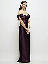 Side View Thumbnail - Deep Plum Basque-Neck Satin Column Maxi Dress with Off-the-Shoulder Bows