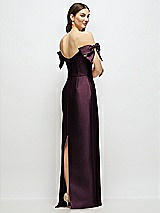 Rear View Thumbnail - Deep Plum Basque-Neck Satin Column Maxi Dress with Off-the-Shoulder Bows