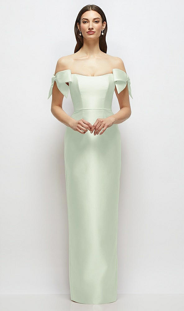 Front View - Mint Green Basque-Neck Satin Column Maxi Dress with Off-the-Shoulder Bows