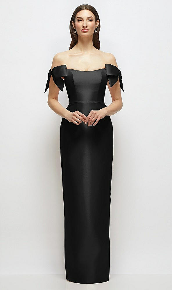 Front View - Black Basque-Neck Satin Column Maxi Dress with Off-the-Shoulder Bows