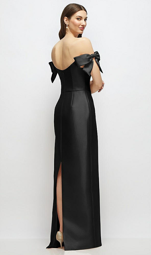 Back View - Black Basque-Neck Satin Column Maxi Dress with Off-the-Shoulder Bows