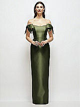 Front View Thumbnail - Olive Green Basque-Neck Satin Column Maxi Dress with Off-the-Shoulder Bows