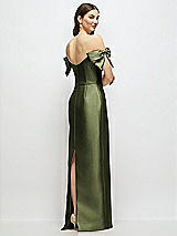 Rear View Thumbnail - Olive Green Basque-Neck Satin Column Maxi Dress with Off-the-Shoulder Bows
