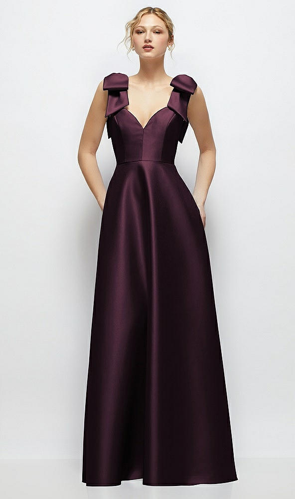 Front View - Deep Plum Deep V-Neck Satin Ball Gown with Shoulder Bows