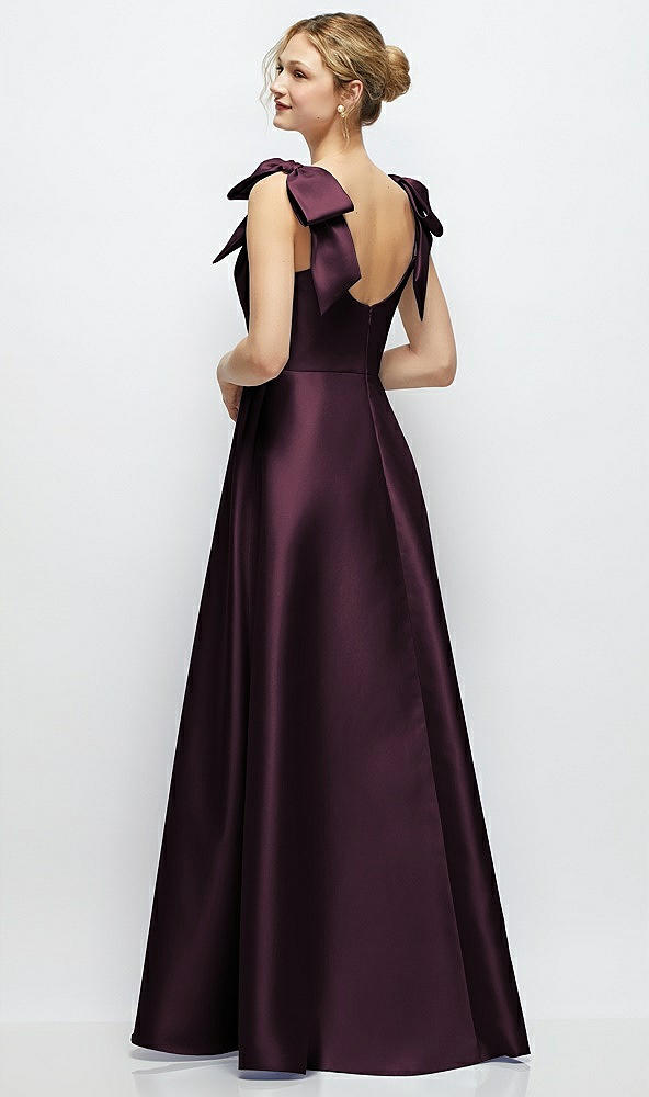 Back View - Deep Plum Deep V-Neck Satin Ball Gown with Shoulder Bows