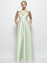 Front View Thumbnail - Mint Green Deep V-Neck Satin Ball Gown with Shoulder Bows