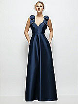 Front View Thumbnail - Midnight Navy Deep V-Neck Satin Ball Gown with Shoulder Bows