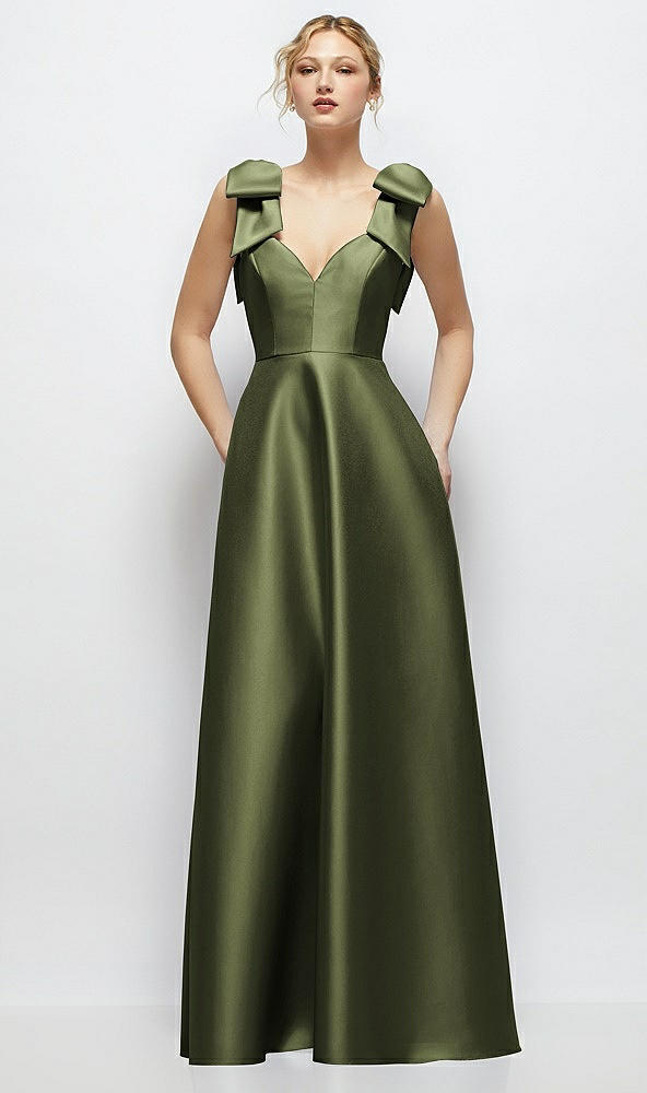 Front View - Olive Green Deep V-Neck Satin Ball Gown with Shoulder Bows