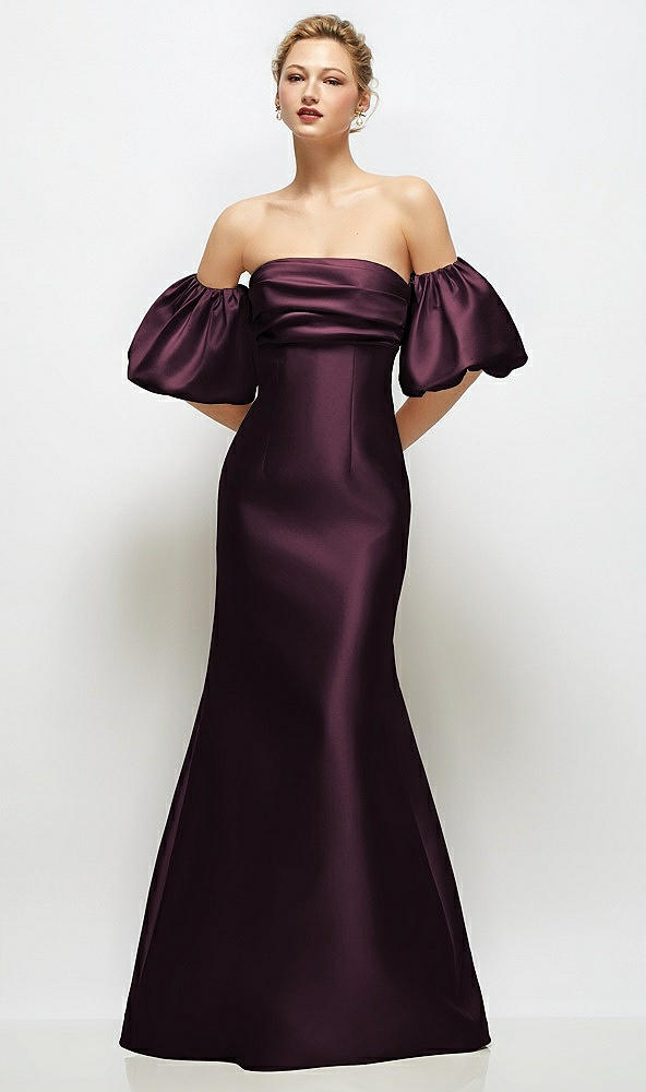 Front View - Deep Plum Off-the-Shoulder Puff Sleeve Satin Maxi Dress with Flared Skirt