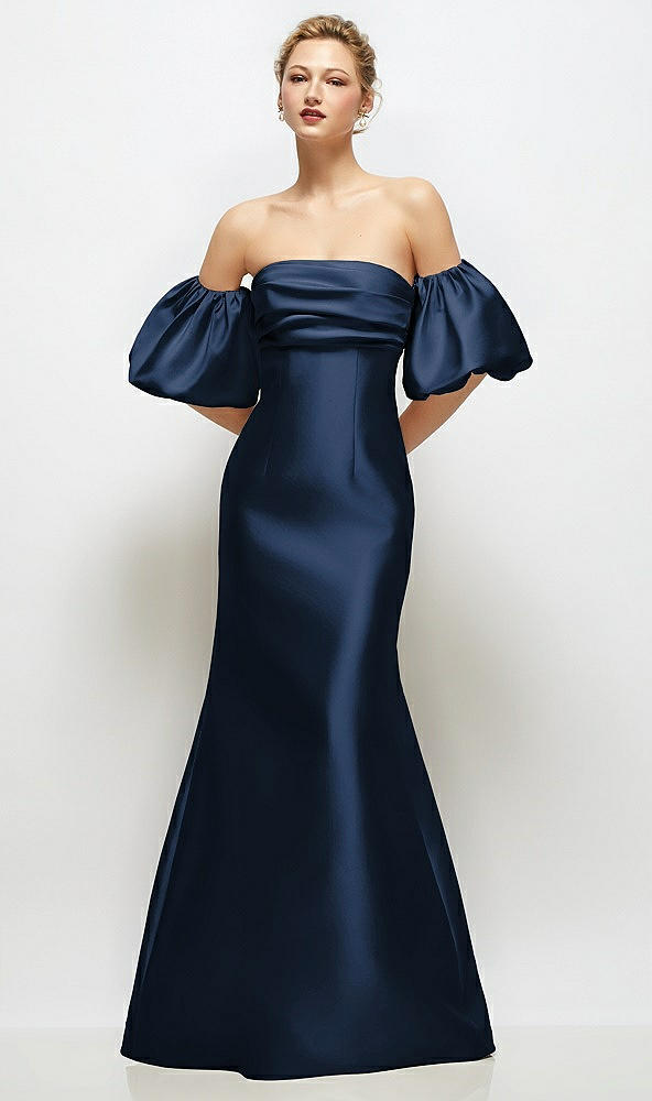 Front View - Midnight Navy Off-the-Shoulder Puff Sleeve Satin Maxi Dress with Flared Skirt