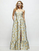 Front View Thumbnail - Winter Mist Strapless Cat-Eye Boned Bodice Gold Leaf Brocade Maxi Dress with Ruffle Hem