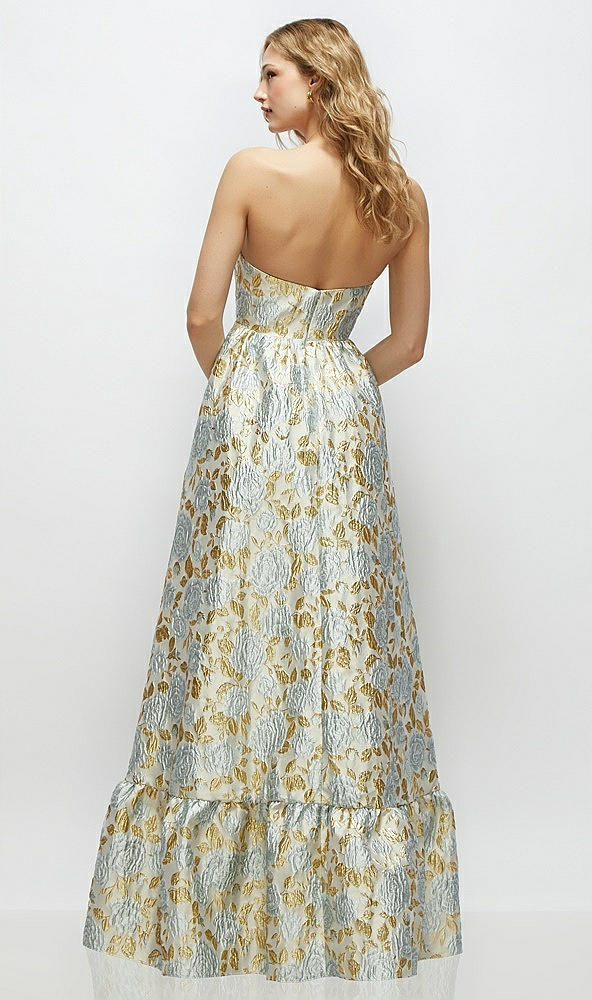Back View - Winter Mist Strapless Cat-Eye Boned Bodice Gold Leaf Brocade Maxi Dress with Ruffle Hem
