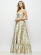 Side View Thumbnail - Winter Rose Strapless Cat-Eye Boned Bodice Gold Leaf Brocade Maxi Dress with Ruffle Hem