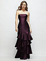 Front View Thumbnail - Deep Plum Strapless Bodycon Maxi Dress with Tiered Ruffle Skirt