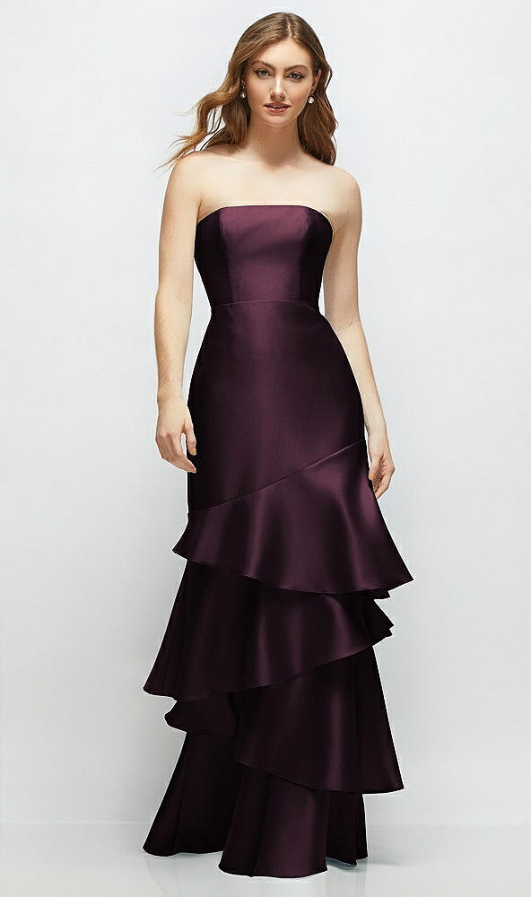Front View - Deep Plum Strapless Bodycon Maxi Dress with Tiered Ruffle Skirt