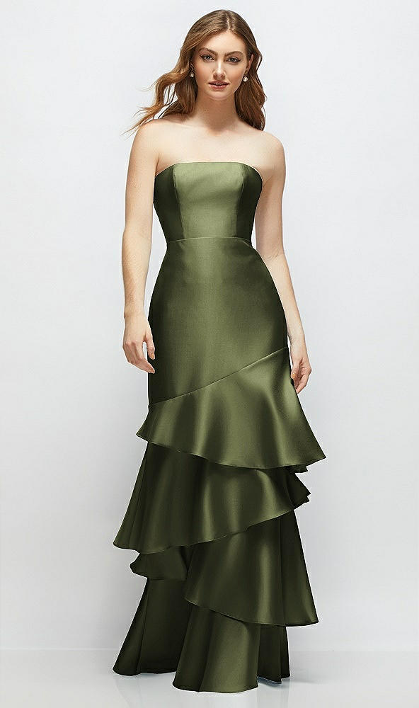 Front View - Olive Green Strapless Bodycon Maxi Dress with Tiered Ruffle Skirt