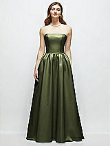 Front View Thumbnail - Olive Green Strapless Satin Drop Waist Gown with Full Skirt