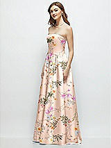 Side View Thumbnail - Butterfly Botanica Pink Sand Floral Strapless Satin Drop Waist Gown with Full Skirt