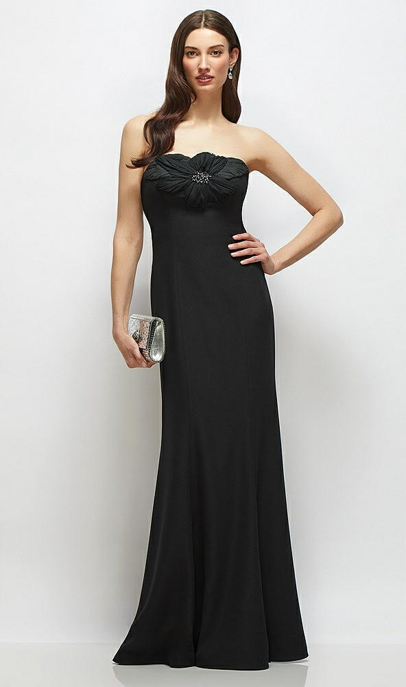 Front View - Black Strapless Black Fit and Flare Dress with Handmade Flower