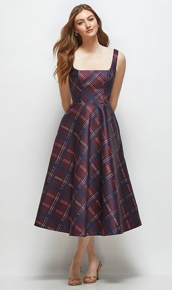 Front View - Cabernet Midnight Tartan Square Neck Alba Tartan Satin Midi Dress