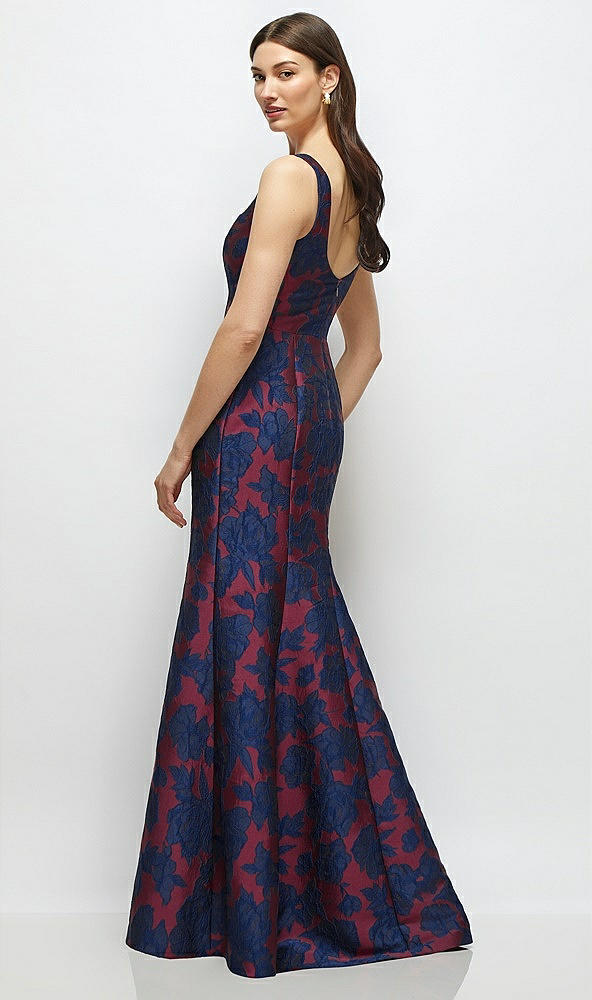Back View - Burgundy Midnight Floral Heritage Floral Jacquard Square Neck Maxi Dress with Trumpet Skirt