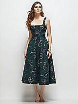 Front View Thumbnail - Evergreen Floral Square Neck Oscar Metallic Floral Jacquard Midi Dress