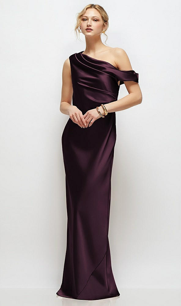 Front View - Deep Plum Draped One-Shoulder Bias Stretch Satin Maxi Dress
