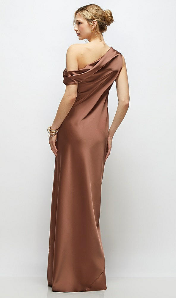 Back View - Cognac Draped One-Shoulder Bias Stretch Satin Maxi Dress