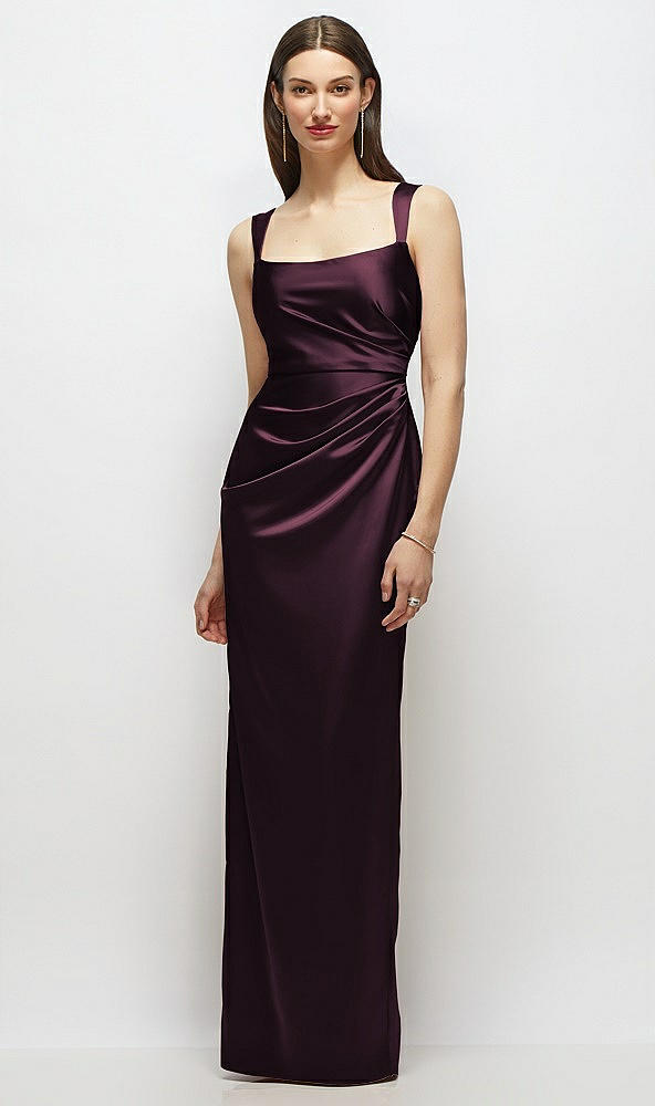 Front View - Deep Plum Scoop Neck Draped Column Stretch Satin Maxi Dress