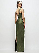 Rear View Thumbnail - Olive Green Scoop Neck Draped Column Stretch Satin Maxi Dress