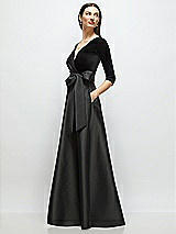 Side View Thumbnail - Black 3/4 Sleeve Wrap Bodice Full Skirt Black Velvet and Satin Dress with Sash