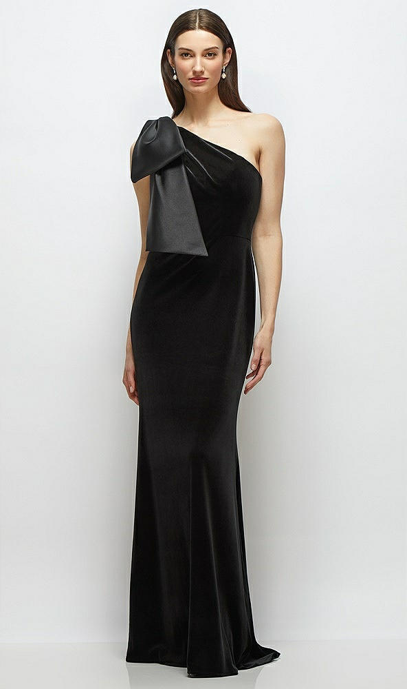 Front View - Black One-Shoulder Black Velvet Maxi Dress with Large Trailing Satin Bow