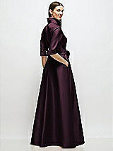 Rear View Thumbnail - Deep Plum 3/4 Sleeve Satin Shirt Dress Gown with Sash and Jeweled Buttons