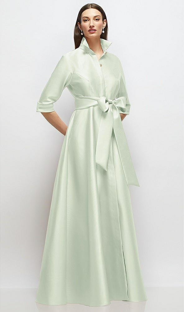 Front View - Mint Green 3/4 Sleeve Satin Shirt Dress Gown with Sash and Jeweled Buttons
