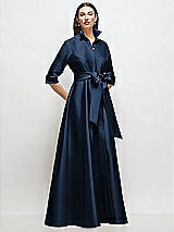Front View Thumbnail - Midnight Navy 3/4 Sleeve Satin Shirt Dress Gown with Sash and Jeweled Buttons