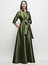 Front View Thumbnail - Olive Green 3/4 Sleeve Satin Shirt Dress Gown with Sash and Jeweled Buttons
