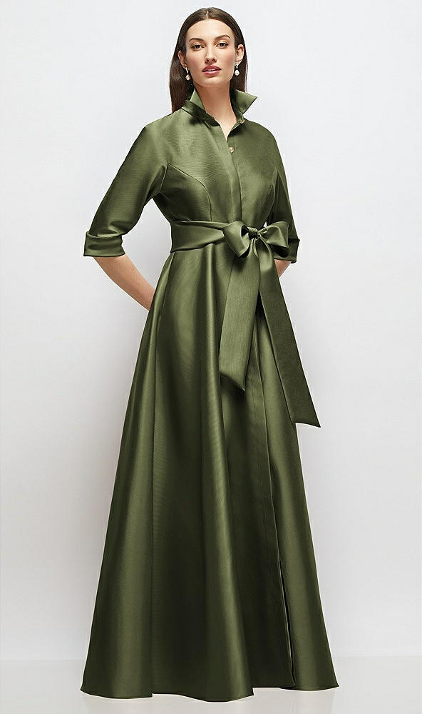 Front View - Olive Green 3/4 Sleeve Satin Shirt Dress Gown with Sash and Jeweled Buttons