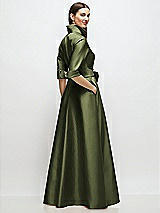 Rear View Thumbnail - Olive Green 3/4 Sleeve Satin Shirt Dress Gown with Sash and Jeweled Buttons