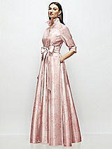 Side View Thumbnail - Bow And Blossom Print 3/4 Sleeve Floral Satin Shirt Dress Gown with Sash and Jeweled Buttons