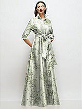 Front View Thumbnail - Sage Cottage Rose 3/4 Sleeve Floral Satin Shirt Dress Gown with Sash and Jeweled Buttons