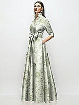 Side View Thumbnail - Sage Cottage Rose 3/4 Sleeve Floral Satin Shirt Dress Gown with Sash and Jeweled Buttons