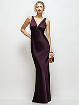 Front View Thumbnail - Deep Plum Sleeveless V-Neck Stretch Satin Bias Slip Maxi Dress