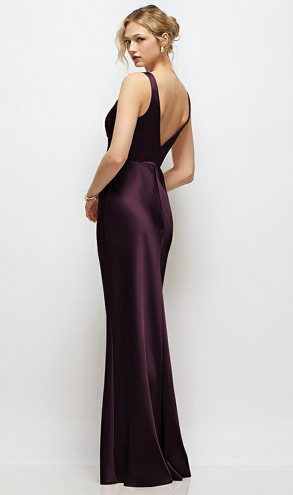 Back View - Deep Plum Sleeveless V-Neck Stretch Satin Bias Slip Maxi Dress