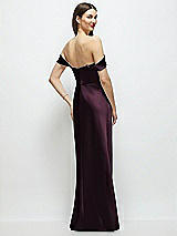 Rear View Thumbnail - Deep Plum Basque-Neck A-Line Stretch Satin Maxi Dress with Off-the-Shoulder Drape