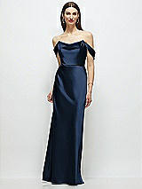 Front View Thumbnail - Midnight Navy Basque-Neck A-Line Stretch Satin Maxi Dress with Off-the-Shoulder Drape
