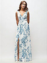 Front View Thumbnail - Cottage Rose Dusk Blue Sleeveless Draped Chiffon Maxi Dress with Front Slit